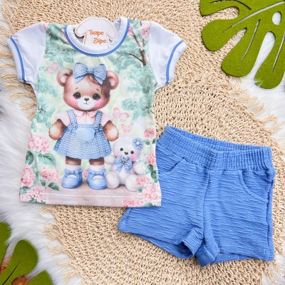 Conj. Blusa Ursinhas Fofas e Short - Azul